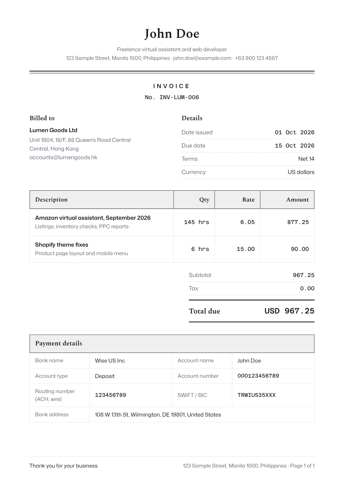 Classic invoice sample