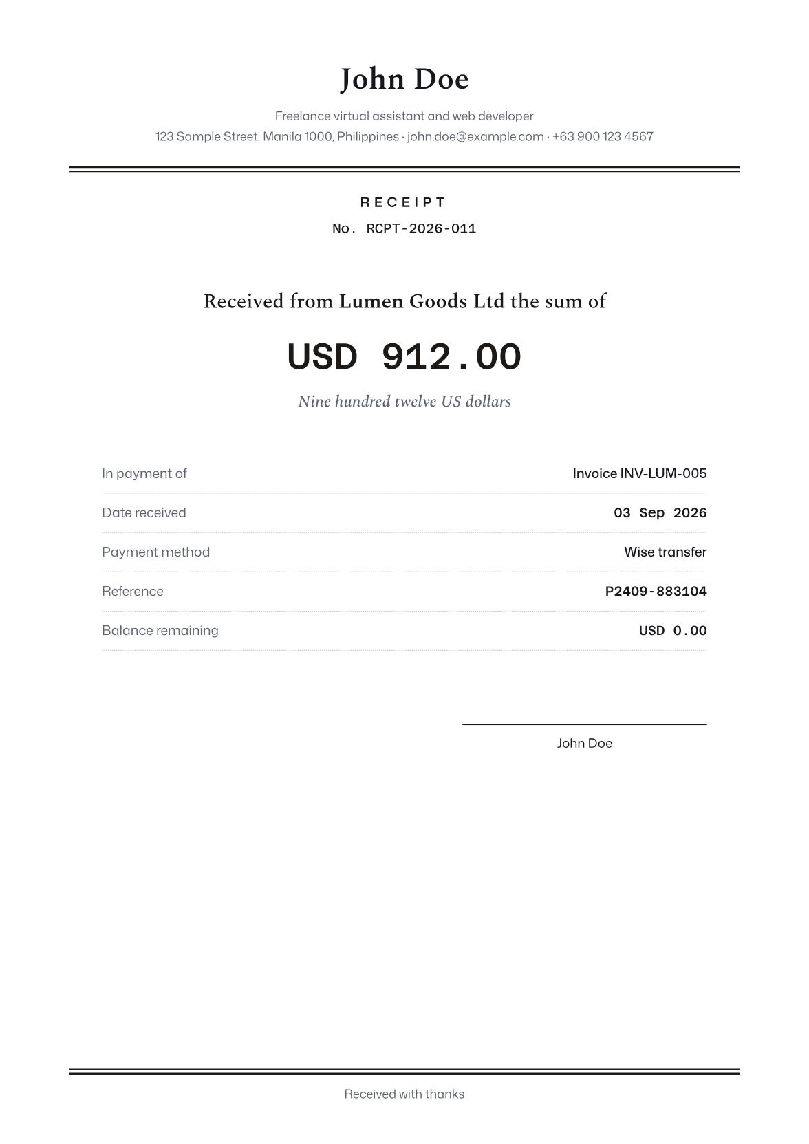 Classic receipt sample