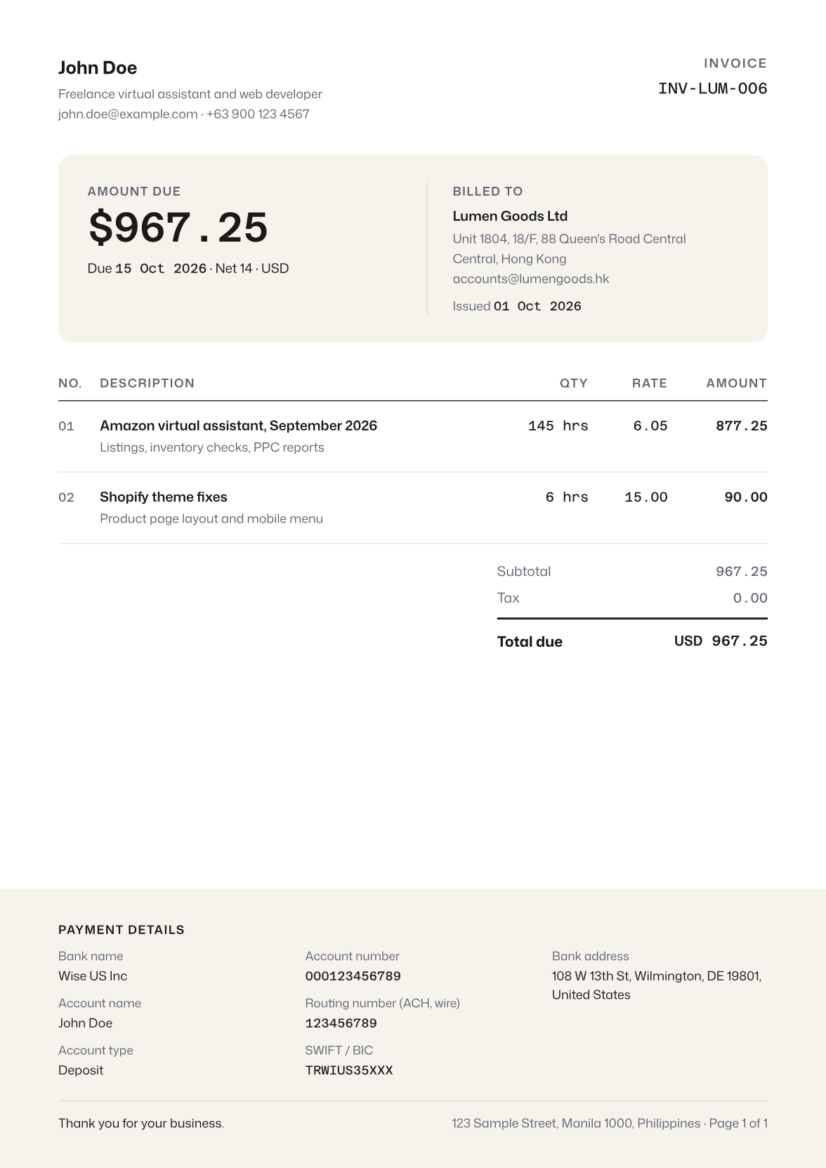 Ledger invoice sample