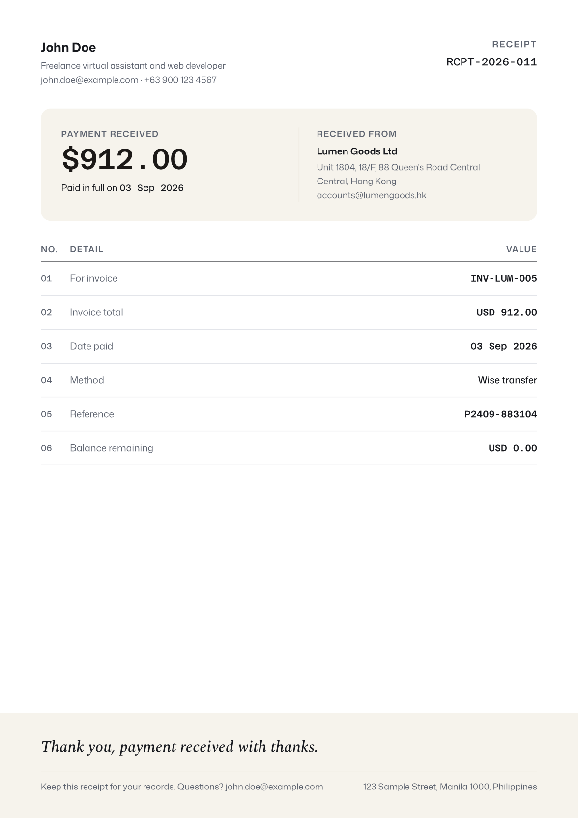 Ledger receipt sample
