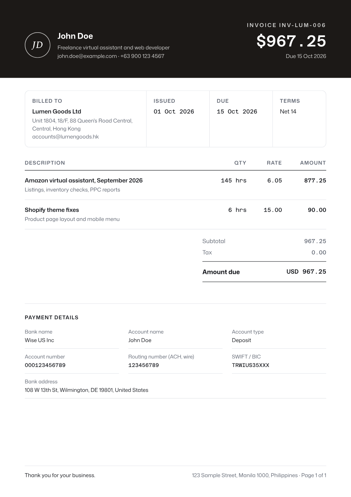 Monogram invoice sample
