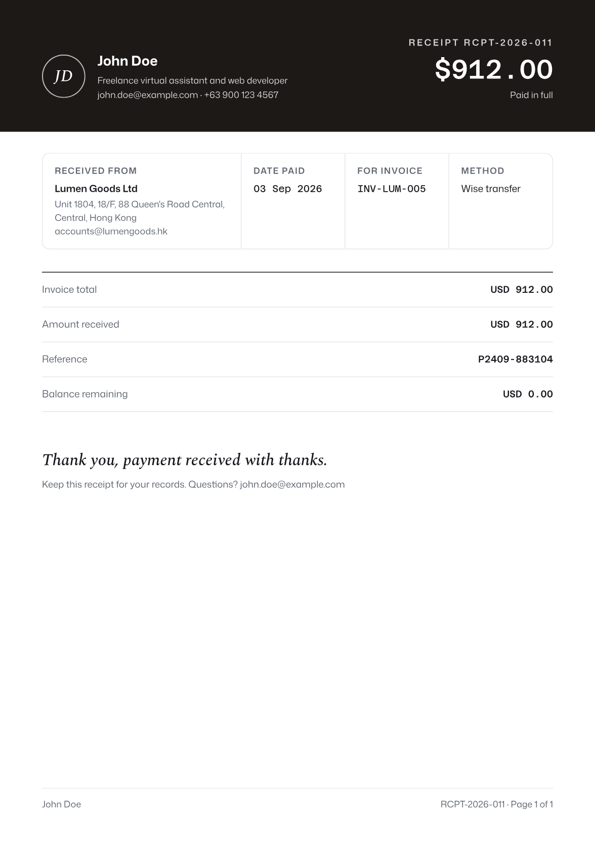 Monogram receipt sample