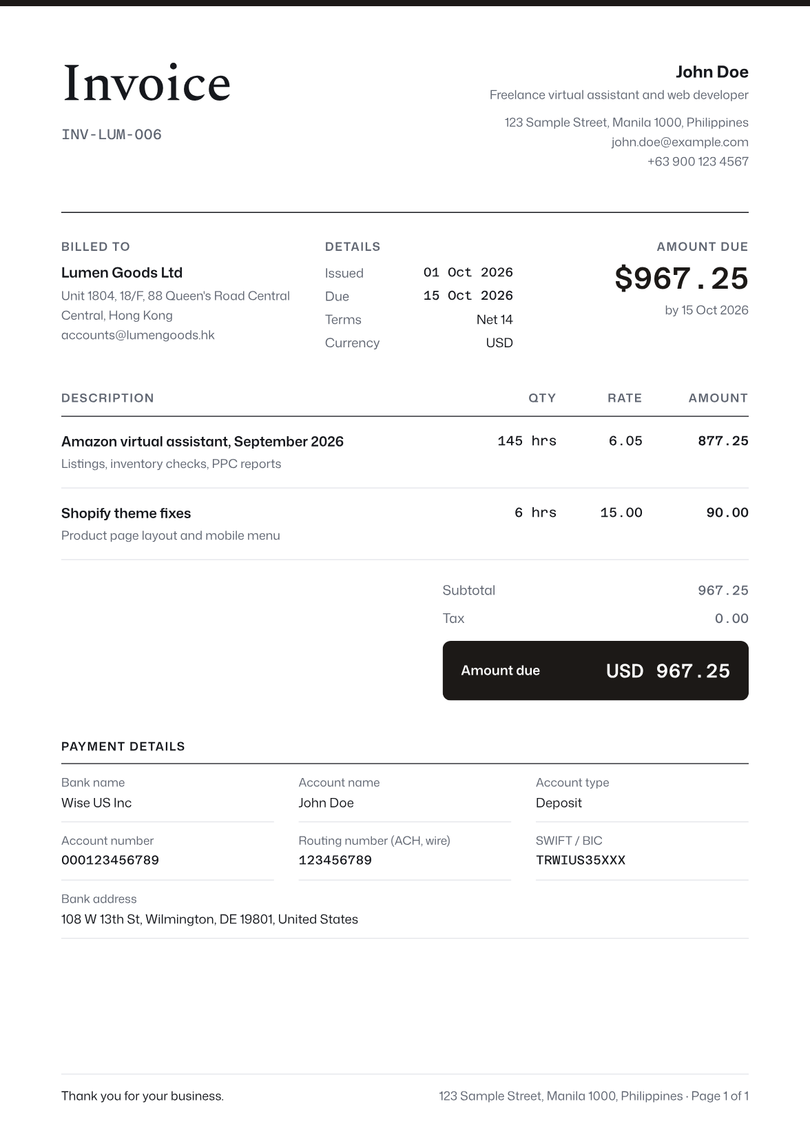 Signature invoice sample