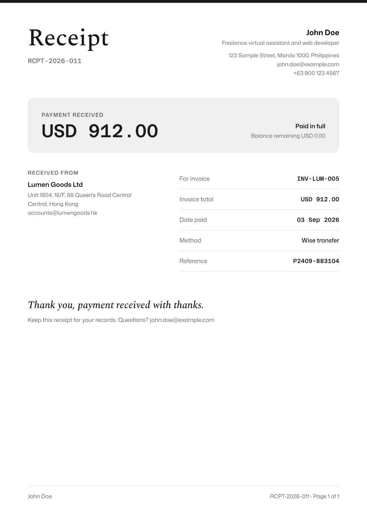 Signature receipt sample